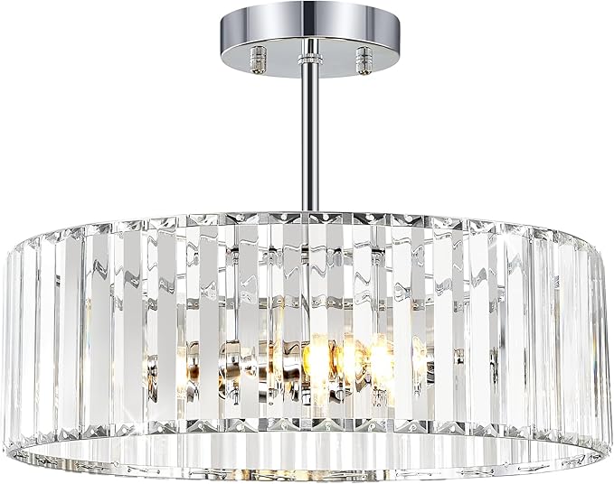 Chrome Crystal Ceiling Light Fixture, Modern Semi Flush Chandelier, Round Hanging Lighting Chandeliers for Dining Room, Kitchen, Bedroom, 3-Light, 15.74 Inch