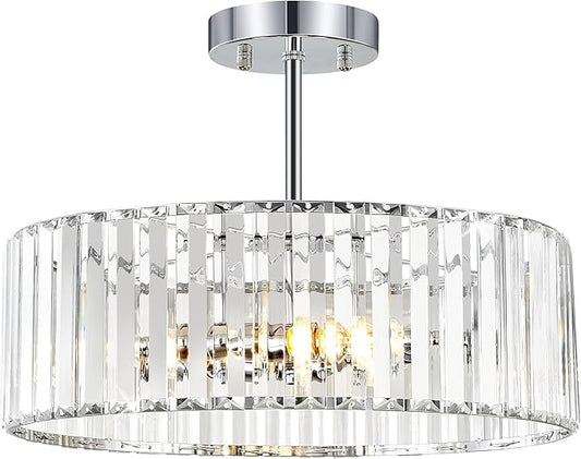 Chrome Crystal Ceiling Light Fixture, Modern Semi Flush Chandelier, Round Hanging Lighting Chandeliers for Dining Room, Kitchen, Bedroom, 3-Light, 15.74 Inch