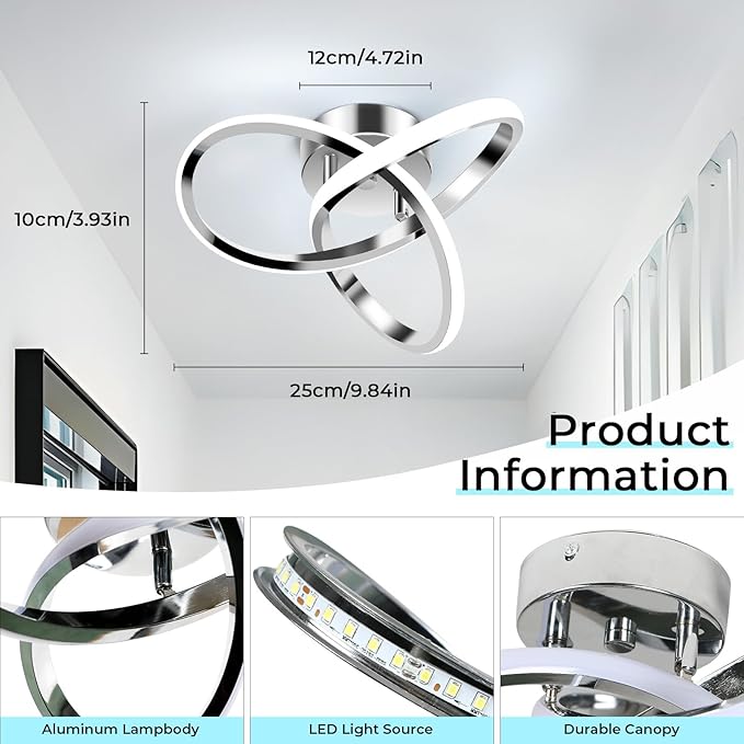 Goeco Modern LED Ceiling Light, 9.8'' 6500K Semi Flush Cool White Design for Bedroom, Corridor, Bathroom, Office, Kitchen, Laundry Room