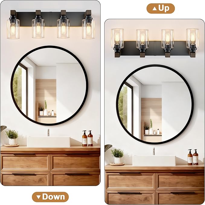 Farmhouse Bathroom Vanity Light Fixtures, Rustic 4-Light Wood Vanity Lights for Bathroom, Vintage Black Wall Sconces Lighting, Light fixtures Over Mirror, with Glass Shade