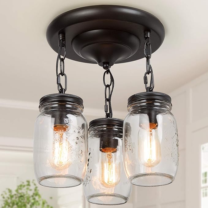 Semi Flush Mount Ceiling Light, Farmhouse Mason Jar Lights for Kitchen, Dining Room & Hallway, Oil Rubbed Bronze（L11.8 × W11.8 ×H13）