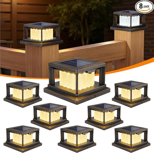 Mlambert 8 Pack Solar Post Lights Outdoor, 2 Modes LED Fence Cap Light for 4x4 Post, Waterproof Deck Light Patio Garden Decor, Warm/Cool White, Brown