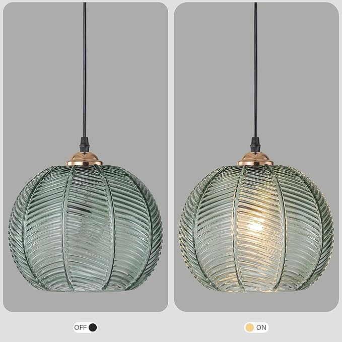 Green Glass Pendant Light Fixture Black Mid Century Modern Pendant Lighting Chandelier 1-Light Globe Ceiling Hanging Light for Bedroom Living Dinning Room Kitchen Island