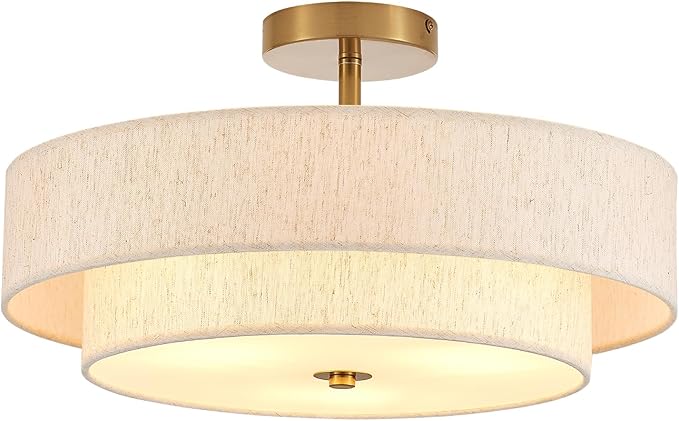 Modern Semi Flush Mount Ceiling Light 18" Modern Gold 3-Lights Drum Ceiling Lighting Fixture Vintage Linen Golden Ceiling Lamp for Laundry Room, Kitchen, Basement, Dining Room, Bedroom