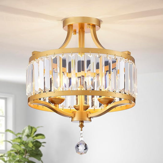 Modern 3-Light K9 Crystal Chandelier Ceiling Light, Handmade Crystal Gold Ceil Light Fixture for Dining Room, Living Room, Bedroom, Gold Frame, E12 Socket, D13inch*H17inch