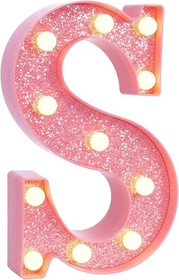 Pink Marquee Light Up Letters, Glitter Alphabet LED Letter Lights for Pink Birthday Party Decorations, Battery Operated Letter Sign for Girls Room Vanity Table Decor, Warm White Lights Letter S
