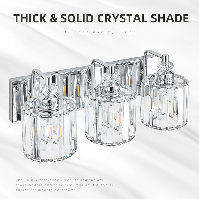 3-Light Modern Bathroom Light Fixture Chrome Bathroom Vanity Lights Over Mirror Wall Sconce Lighting with K9 Crystal Shades E26 Base for Bedroom, Living Room, Hallway, Cabinet Wall Lamp