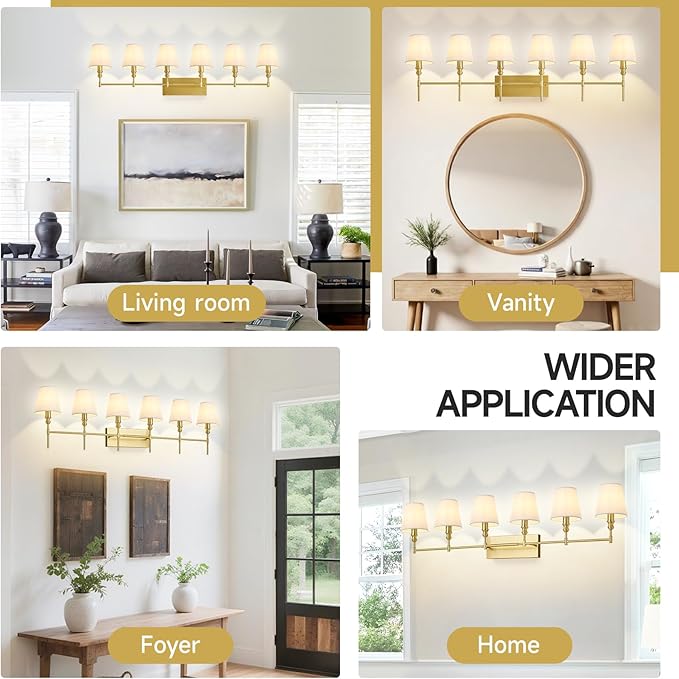 6-Light Bathroom Light Fixtures,50 in Vintage Bathroom Vanity Lights Over Mirror,Antique Brass Wall Sconce with Flared White Fabric Lampshade for Bedroom,Living Room,Foyer,Hardwired,E12 Base