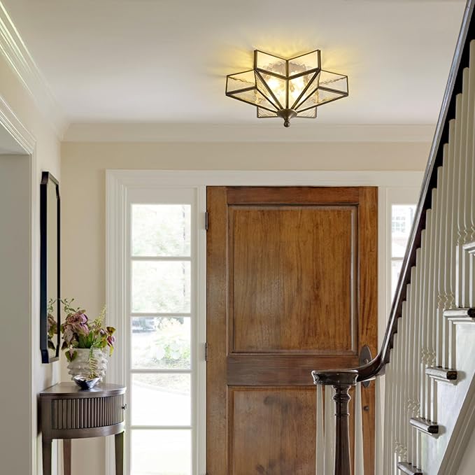 Star Brass Glass Ceiling Light - Small 12 Inch Black Bronze Hammered Flush Mount Fixture - Unique Art Deco Vintage Modern Lighting Lights for Bedroom Dining Entry Hall Hallway Outdoor Porch