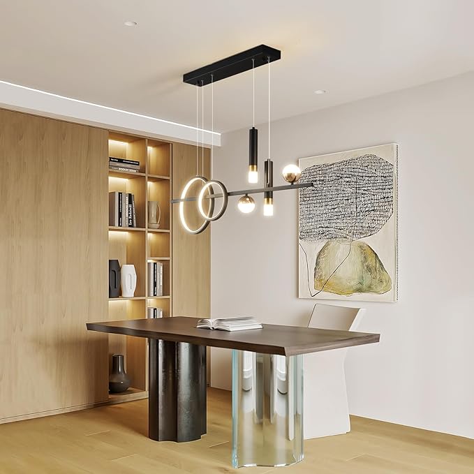 Siittoo Modern Chandeliers for Dining Room, Dimmable Led Linear Pendant Light with Remote Control, Black Gold Pendant Lighting Hanging Light Fixtures for Kitchen Island, Dining Room, Living Room (48W)