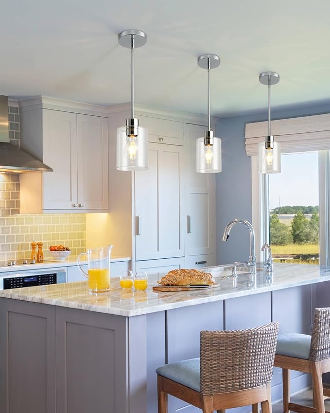 Chrome Pendant Lights Kitchen Island - Clear Glass Pendant Light Fixture Multiple Stems Rods 3 Units 12 Inch 3 Units 4 Inch (2 Pack Chrome Downrod)