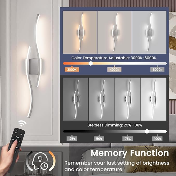 Modern LED Wall Sconce Set of Two, Dimmable Battery Powered Wall Sconces, 3000K-6500K LED Wireless Wall Light with Remote, Wall Lamp Indoor not Hardwired for Room Bedroom Corridor（Nickel）