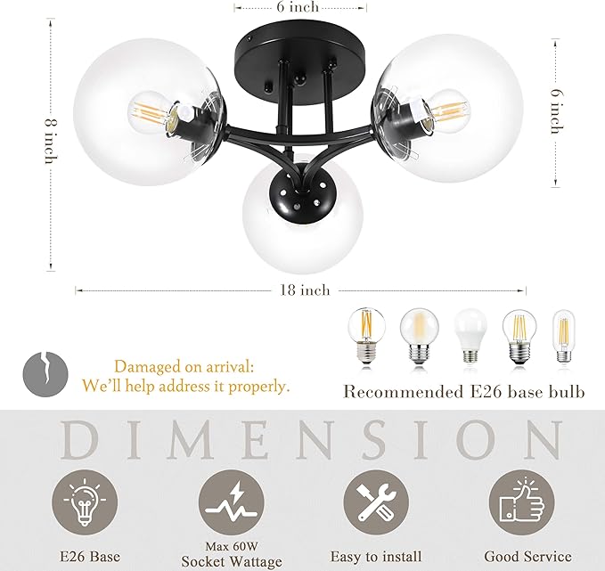 Mid Century Modern Ceiling Light Clear Globe Semi Flush Mount Ceiling Light Black Sputnik Light Fixture Chandeliers Clear Glass Matte Black Chandeliers Living Room Dining Room Bedroom 3 Lights