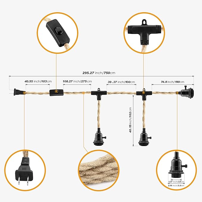 LYOOWNG 3 Light Plug in Pendant Light Cord, 25FT Hanging Lights with Plug in Cord, Hemp Rope Hanging Light Kit with 2 Way Switch, Farmhouse Pendant Light Kits DIY HangingLight