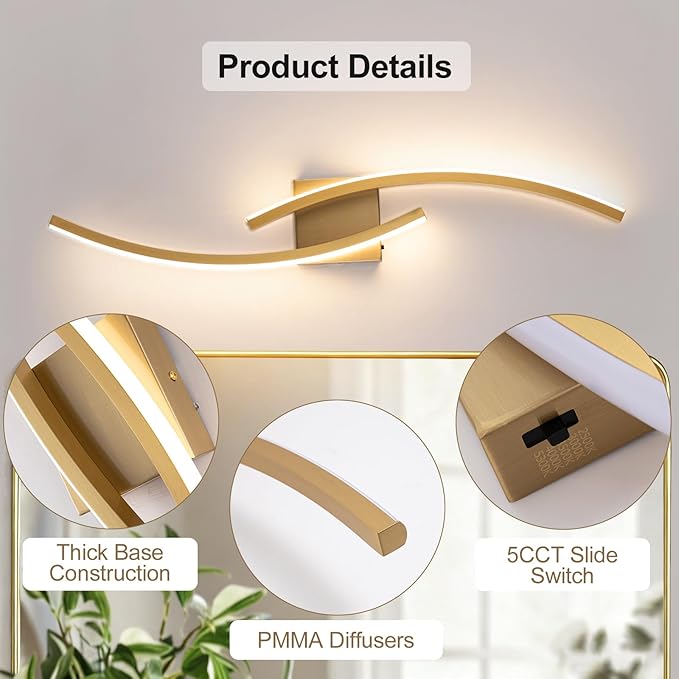 Hardwired Modern LED Wall Light Fixtures, 3000~6000K Modern 5CCT Wall Sconce for Living Room, 31.5IN Indoor Wall Lights Gold Bathroom Light for Bedroom, Hallway, Bedside