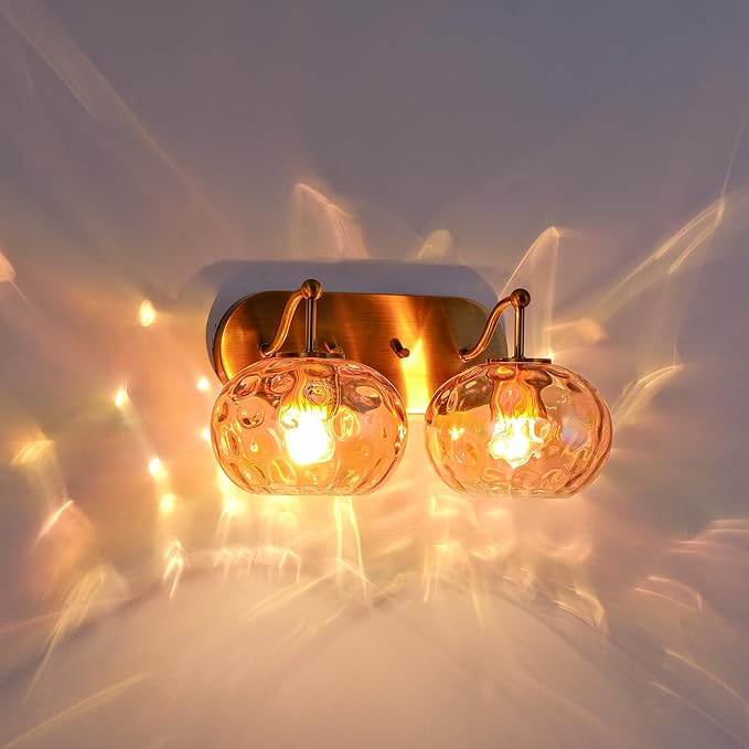 Brushed Gold Vanity Light Amber Hammered Glass Wall Sconce 2-Light Brass Wall Lamp for Hallway Living Room Stairwell Bathroom Over Mirror