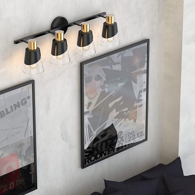 URSOLA Bathroom Light Fixtures, 4 Lights Bathroom Lighting Fixtures Over Mirror, 28.34 inch Black and Gold Design with Bevelled Edge and Clear Glass Shade Wall Lamp