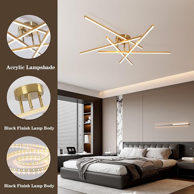 Gold Modern Sputnik Chandelier Ceiling Light Fixtures,5-Lights Industrial Metal Semi Flush Mount Ceiling Light for Bedroom Dining Room Living Room Kitchen Hallway(Gold, 5 Head)