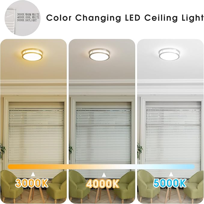Energetic 14 Inch LED Flush Mount Ceiling Light Fixture, 3000K/4000K/5000K Color Adjustbale, Dimmable Ceiling Light for Bedroom, Kitchen, Bathroom, Study, 24W, 1560LM, Nickel, ETL Listed, 1 Pack