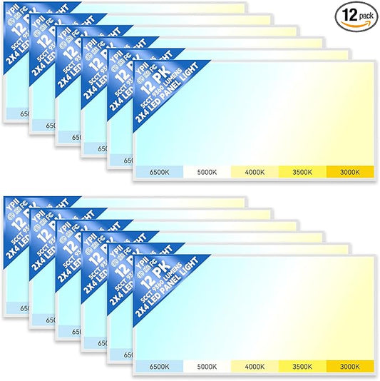 12Pack 2x4 LED Flat Panel Light LED Drop Ceiling Light Fixture, 5 CCT 3000K-6500K Adjustable & 5 Wattage 30-72W Selectable Recessed Back-Lit Fixture for Office, ETL Listed