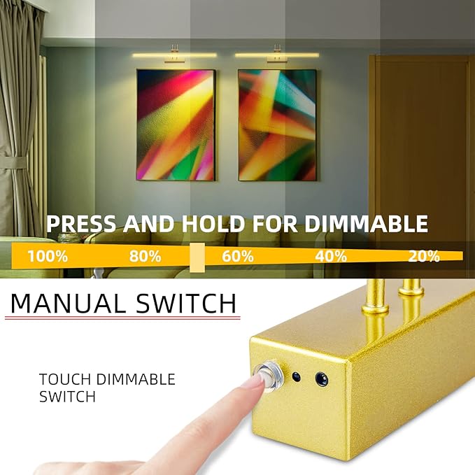 Picture Light, Picture Lights for Wall Cordless, 20inch Battery Operated Wall Lights with Timer and Dimmable, Rechargeable Metal Picture Lights for Display Gallery Painting Art Frame Portrait - Gold