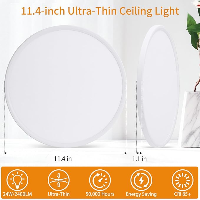 Flush Mount Ceiling Light with Night Light, 11in LED Ceiling Lights with Remote Control, 1800K Nightlights & 3000-6500K Dimmable Lamp Fixture, 24W 2400LM Low Profile for Bedroom, White