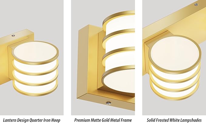 LED Bathroom Vanity Light - 20.5 Inch Gold 3-Light Fixture with White Acrylic Shades, 6000K Cool White, Mirror Lighting for Bathroom, Bedroom, Hallway, Living Room Wall Sconce