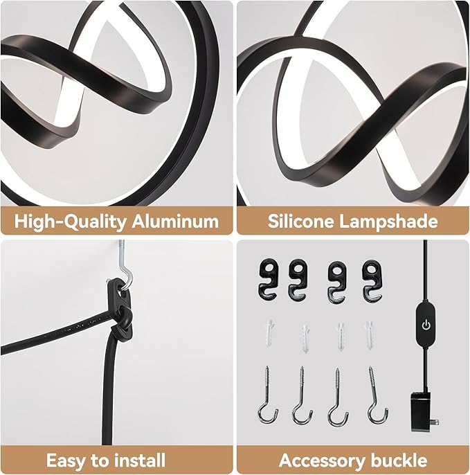 3000~6000K Plug in Pendant Light Fixtures, Touch Switch Hanging Lamp Plug in Modern Pendant Lamp, Black Hanging Light for Kitchen Island, Bedroom, Dining Room, Living Room,1 Pack