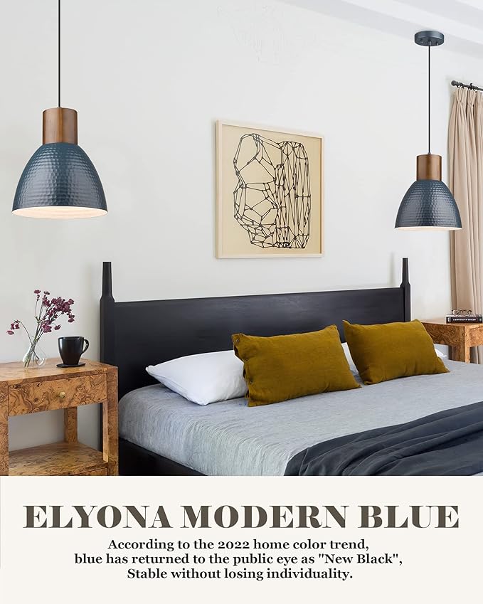ELYONA 2 Pack Modern Hammered Pendant Lights 10.2” Blue Solid Wood Hanging Lamp, Adjustable Height, Industrial Metal Pendant Lighting for for Farmhouse, Kitchen Island, Dining Room,Bedroom,Bar,Office