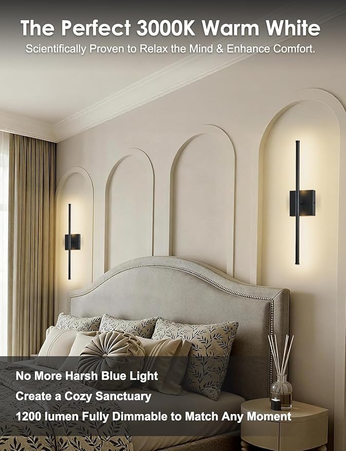 KARTOOSH 20.4 Inch Hardwired Wall Sconces Set of Two, 3000K Warm White Dimmable Modern Wall Sconces, 350° Rotate LED Light Fixtures Wall Lamp for Bathroom Living Room Bedroom Bedside, Black