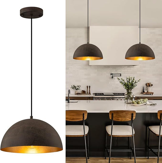 11.8" Farmhouse Pendant Light,Black with Brown Grain Industrial Dome Chandelier,Adjustable Vintage Pendant Lights Kitchen Island for Dining Room,Bedroom,Hallway