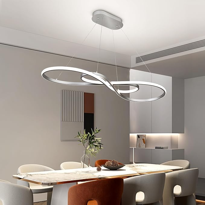 Modern Led Pendant Light, Dimmable Silver LED Chandelier for Dining Room Light Fixture Over Table Modern Kitchen Island Lighting, Height Adjustable Ceiling Light