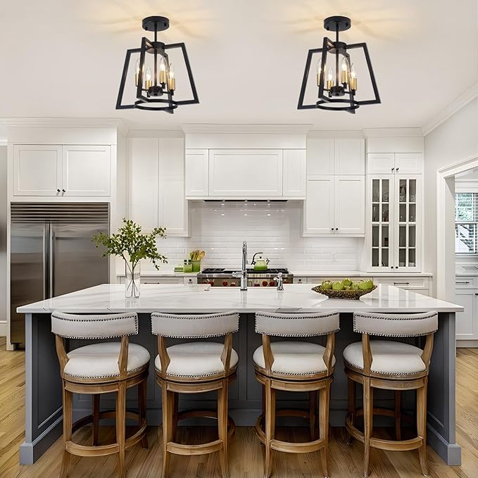 TOULMJ 4-Light Semi Flush Mount Ceiling Light, 14.56" Farmhouse Black Gold Ceiling Light Fixture for Kitchen Island Foyer Hallway Entryway Dining Laundry Room