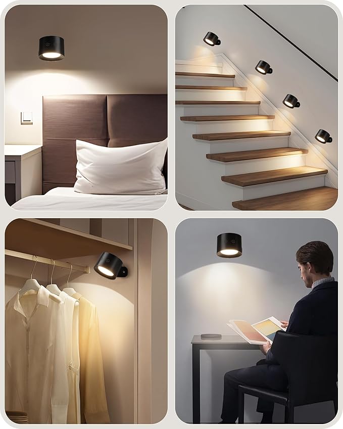 Battery Operated Wall Sconces 4 Pack, Rechargeable Wall Sconce with Remote Control, 3 Color Temp & 3 RGB & Dimmable, Wireless Wall Mount Light for Hallway, Bedroom, Black B02YBP406