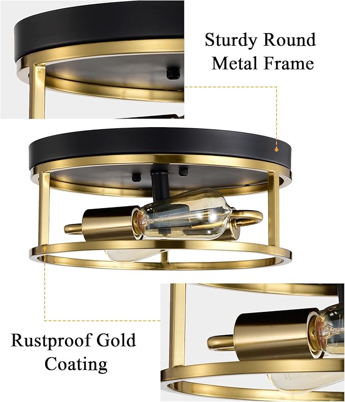 Treekee 12" Ceiling Light Fixtures, Flush Mount Lighting Round, Gold Metal Finish, Vintage Retro and Modern Industrial Charm Ceiling Lamp for Bedroom Hallway Foyer Entryway