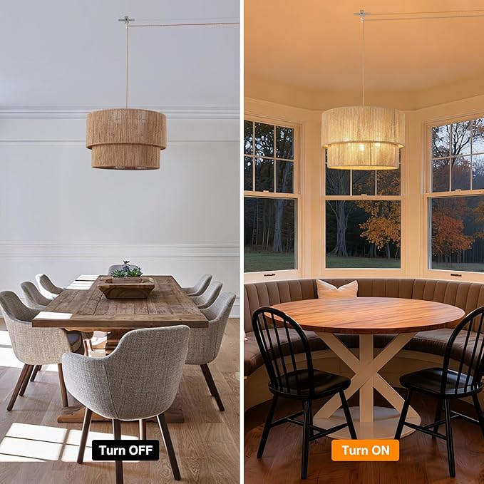 Large Plug in Pendant Light, 18in Plug in Rattan Chandelier with On/Off Switch Rattan Woven Shade, Hanging Pendant Light for Dining Room Living Room Kitchen Foyer (Includ Bulb)
