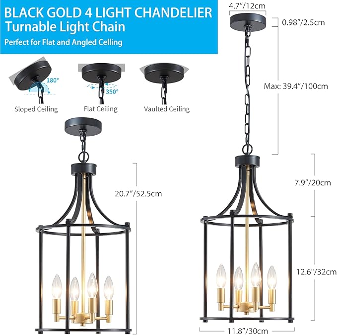 XINGQI Lantern Pendant Light Modern Geometric Hanging Chandelier Black and Gold 4 Lights Adjustable Height Cage Pendant Lighting Fixture for Kitchen Entryway Hallway Foyer