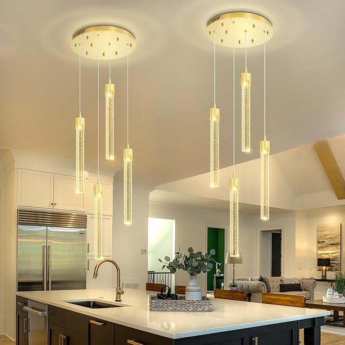 ykolupty 4-Light Pendant Lights Kitchen Island Mini Chandelier,Modern Gold Pendant Light with Remote Control,Teardrop Hanging Light Fixture for Dining Room Hallway