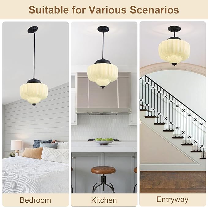 13.8" Milk Glass Ceiling Light Fixture 3 Lights Vintage Chandelier Schoolhouse Pendant Light with Mint Green Glass Shade, Mid Century Lighting Fixture for Kitchen Island Dining Room