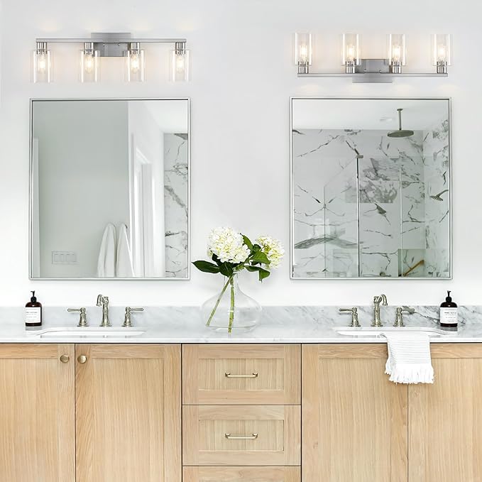 4 Light Bathroom Light Fixtures, Brushed Nickel Bathroom Vanity Light with Clear Glass Shade, Bathroom Lighting Fixtures Over Mirror, Vanity Lights for Bathroom Mirror