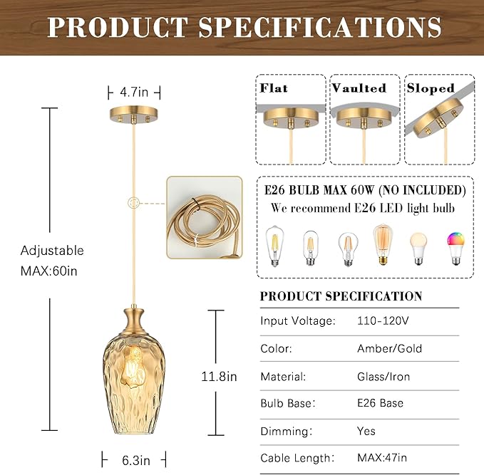 Glass Pendant Lights Kitchen Island 2 Pack, Gold Vintage Pendant Light Fixtures with Hand-Blown Hammered Amber Glass, Farmhouse Modern Brass Hanging Light for Kitchen Sink Dining Room Bedroom