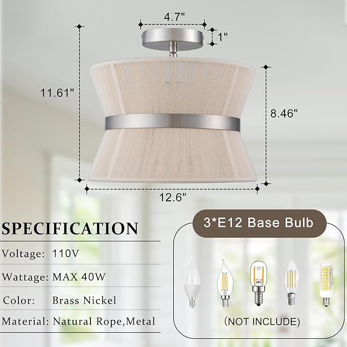 Brushed Nickel Semi Flush Mount Ceiling Light Fixture 12.6” Modern Drum Bedroom Ceiling Lighting 3-Light Beige Close to Ceiling Lamp for Kitchen Living Dining Room Hallway Bathroom Entryway Foyer