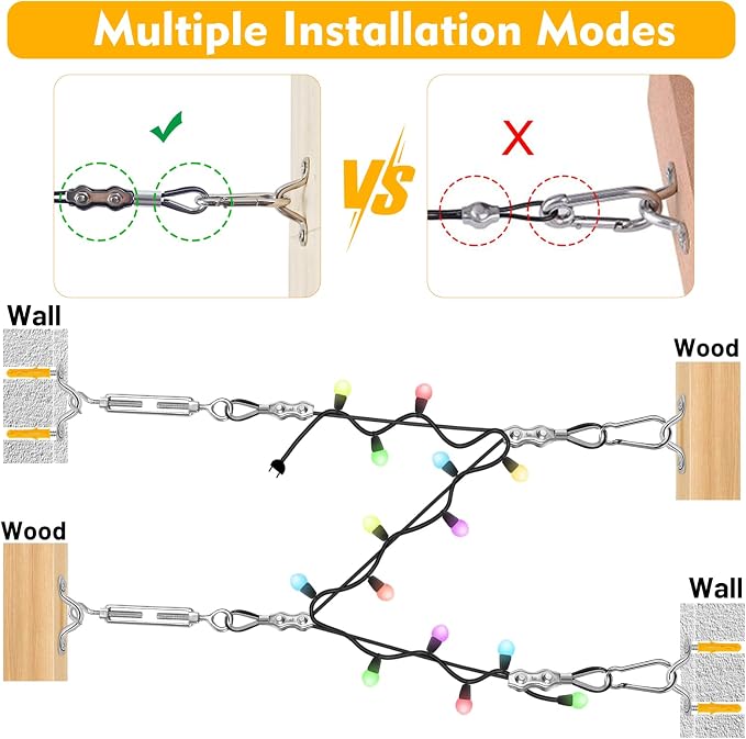 cyrico String Light Hanging Kit, Outdoor Light Guide Wire, Globe String Lights Suspension Kit with 200 Ft Nylon Coated Stainless Steel 304 Wire Rope Cable, Turnbuckle, Enough Accessories, Use Manual