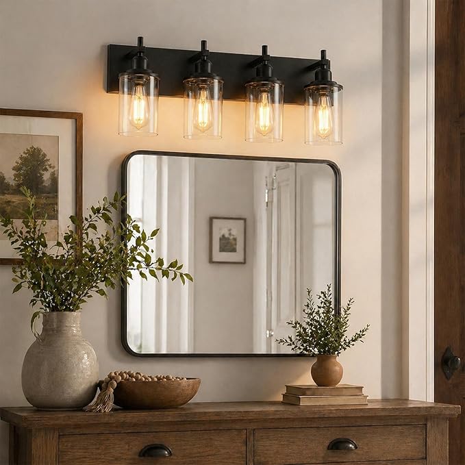 Lanhall 4-Light Black Bathroom Light Fixture Over Mirror Modern Farmhouse Bathroom Vanity Light Vintage Wall Lighting with Clear Glass Shade for Bathroom, Bedroom, Hallway, Cabinet