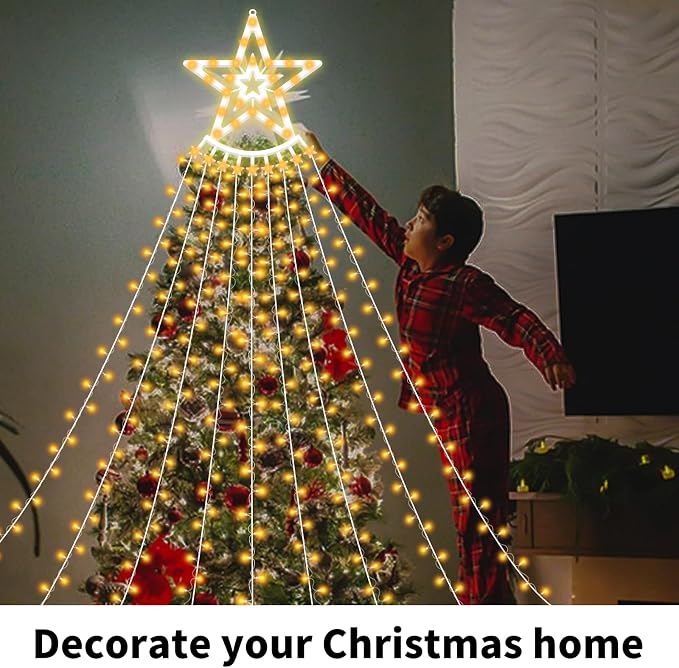350 LED Christmas Decorations Star String Lights Waterproof Waterfall StarLights 8 Light Modes Remote & Timer,Waterproof Seasonal Lighting Decor for Home Xmas Tree Yard Wedding Party (Warm White)