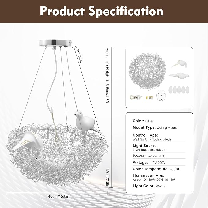 5 Lights Bird's Nest Pendant Light LED Chandelier w/Adjustable Cord Woven Nest Chandelier for Living, Dining, Study, Bedroom, Silver Dia 40cm