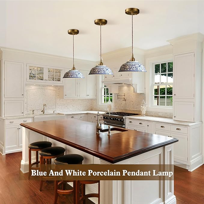 Ceramic Pendant Light, Chinese Blue and White Porcelain Pendant Light fixtures, Bedside Light, Hanging lamp for Kitchen Island Light Fixture, Home Bedroom Dining Room Ceiling Hanging Light 8.7in