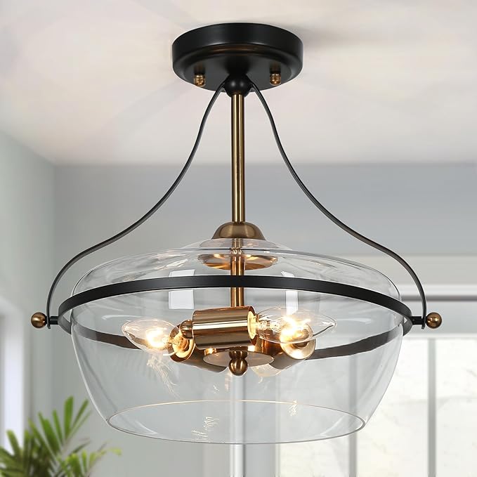KSANA Modern Semi Flush Mount Ceiling Light, 3-Light Black and Gold Close to Ceiling Fixture with Clear Glass and Electroplated Brass Accents for Hallway, Bedroom, Kitchen, or Entryway