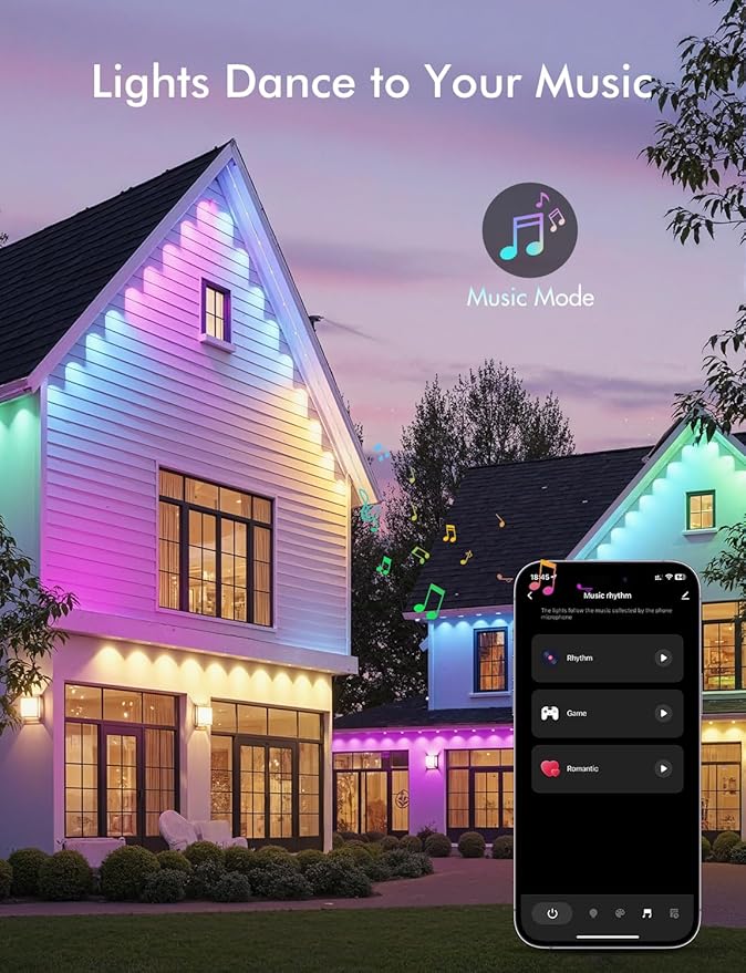 124FT Permanent Outdoor string Lights, Smart RGB Color-Changing Eaves Lights with 72 LED, IP67 Waterproof Exterior Lights, App Control for House Roof & Trim, DIY Modes for Christmas Holidays Lighting
