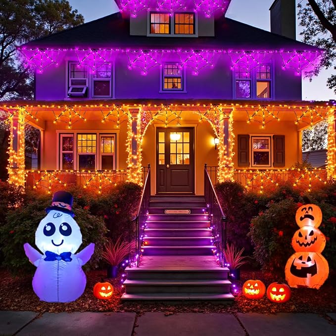 Halloween Spider Web Lights Outdoor, Solar Light up Cobweb String Lights with 60LED Lights, Spiderweb Curtain Fairy String Lights for Halloween Decorations Fireplace Proch Window Garden (Orange)